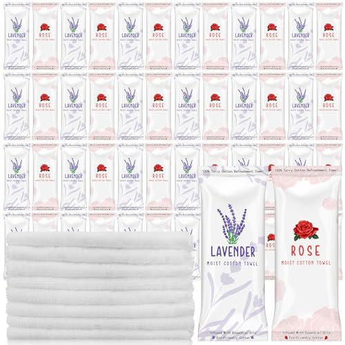 50 Pcs Moist Towelettes Individually Wrapped Scented Disposable Face Towels Essential Oil Infused Moist Terry Cotton Towel for Use Hot or Cold Travel Body Spa (Rose, Lavender)