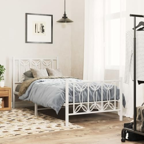 vidaXL Sängram med huvudgavel och fotgavel vit metall 75x190 cm, säng, metallsäng, metall sängram, sängar, metallsängar, metall sängramar, gästsäng