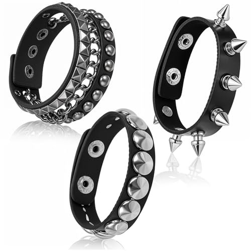Yolev 3 Stück Lederarmband Herren Damen Ohrstecker Schwarzes Emo Punk Gothic Spike Armband Leder Manschettenset Verstellbares Herrenarmbänder Nietenarmband Herren Leder 80er Jahre Schmuck