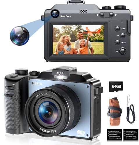Digitalkamera 4K 64MP Doppellinse Fotokamera mit 64GB Karte, 3.0'' Bildschirm Vlog Kamera für YouTube 18X Zoom mit Blitz Fotoapparat, Digital Compact Autofocus Camera Kompaktkamera für Teens Anfänger