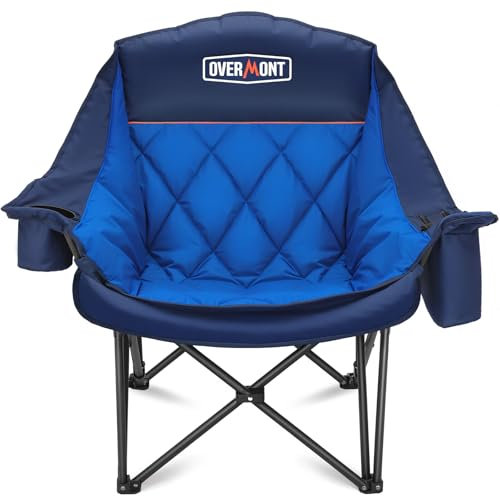 OVERMONT Oversized XL Camping Folding Chair for Adults - 450lbs Support Heavy-Duty Padded Folding Chair with Side Pocket Cup Holder for Outdoor Sports Garden Beach Fishing Lawn Blue