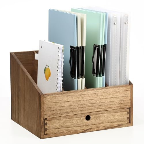 KIRIGEN Organisateur de Bureau en Bois avec 4 Compartiments et Tiroir – Porte-lettres, Range-documents et Porte-dossiers pour Bureau, Maison et École Couleur brun