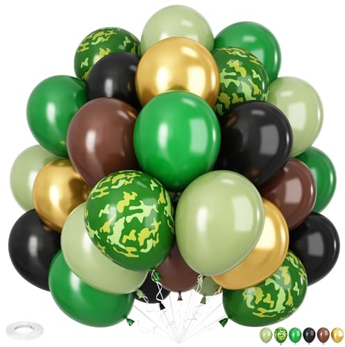 Green and Brown Balloons, 12 Inch Camo Balloons Brown, Sage Green and Metallic Gold Balloon Dark Green and Black Balloon for Baby Girls Boys Army Theme Hunting Camping Jungle Birthday Shower Supplies