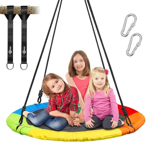 Trekassy 40 Nest Tree Swing Seat - 320kg/705lbs Weight Capacity, Weatherproof Saucer Swing with 2x3m Adjustable Tree Hanging Ropes, Safe Outdoor Kids/Adult Swing for Backyard (Rainbow)