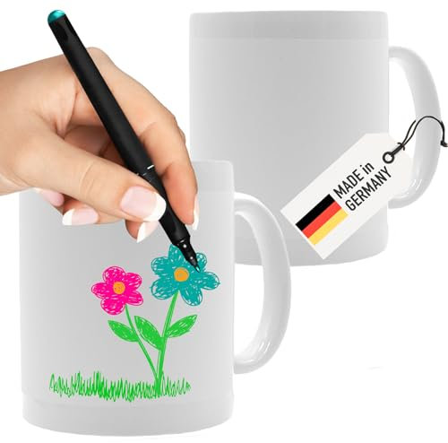 Weiße Tassen zum Bemalen 2er Set | Spezielle Maloberfläche zum Tasse selbst gestalten | Ideal haftende Oberfläche für Porzellanstifte oder Buntstifte - Tasse zum bemalen ohne verschmieren