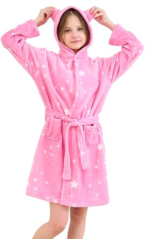 Piefry Bata de Baño para Niñas Albornoz de Felpa Suave con Capucha y Orejas de Gato (Estrellas Rosas, 8-9 años)