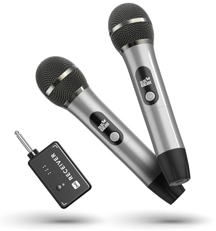 Microfono Wireless, Microfono con Connessione Chip Uno a Uno, Durata 40 Ore, Ricezione a Distanza di 200 Piedi, Microfono karaoke a Tubo Semi-Metallico Per Canto, Registrazione Video, Youtube(Grigio)