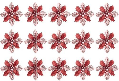 15 Piezas Adornos Navideños con Purpurina, 9 cm Flores Artificiales con Purpurina, Flores Rojas para Decorar el Árbol de Navidad