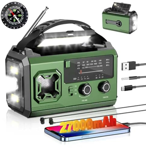 27000 mAh Radio Manovella,AM/FMPortatile RadioSolare di Emergenza con Bluetooth/Luce diLettura/Torcia/Bussola/Allarme SOS/Power Bank, Batteriaricaricabile per Campeggio,Viaggi