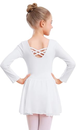 zffriction Abito da balletto per bambine Abito da balletto in cotone Body da danza a maniche lunghe con gonna tutù Costume da ballerina per bambine e bambine piccole (IT, Numero, 150, Regular, Bianco)
