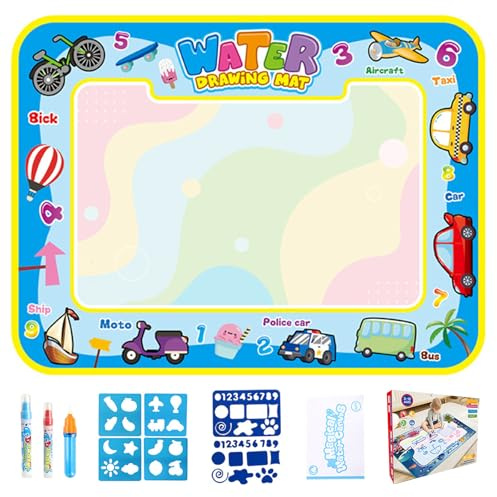 Water Paint Mat, Painting Writing Coloring Mat with Templates and Pens, Stamps, Molds No Coloring Painting Educational Toys, Reusable Endless Fun with Water-based Drawing for Kids Motor World 80*60cm