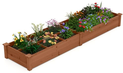GOPLUS Huerto Urbano de Madera de Abeto 0,26 m³, Cama de Jardín Elevada, Jardinera con 2 Cajas de Plantas y Divisores para Cultivar Flores Verduras Frutas, para Exterior Terraza, 228x62x25cm (Marrón)
