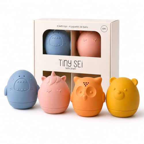 Juguetes Baño Bebé Silicona - 4 Piezas - Bebés, niños pequeños y niños - Libre de BPA - Se Abren para Limpiar - Aptos Lavavajillas - Regalo Bebé 6+ Meses - Tiny Sei - Juegos de Agua Piscina y Playa