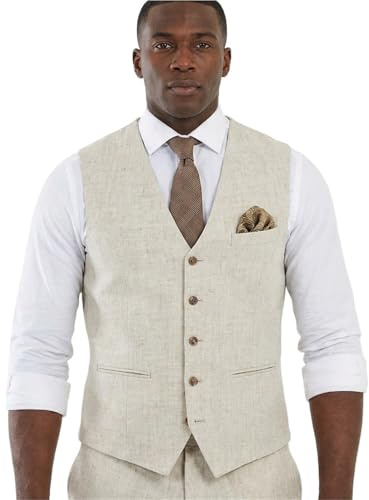 JFNKLFG Gilet en lin Beige for hommes, for fête de mariage, été, plage, gilet à col V Pour mariage, soirée d'affaires