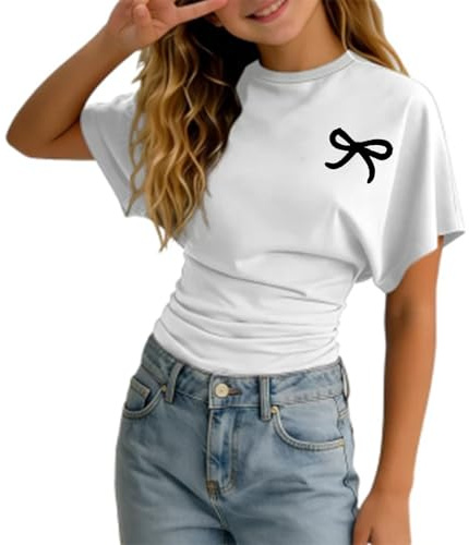 Tee Shirt Tunique Enfant Fille Manche Courte Col Rond Ete a la Mode Légère Fluide T Shirt Ado Fille été Chic Mignon Casual Sport Vacances Haut Tops 3-14 Ans