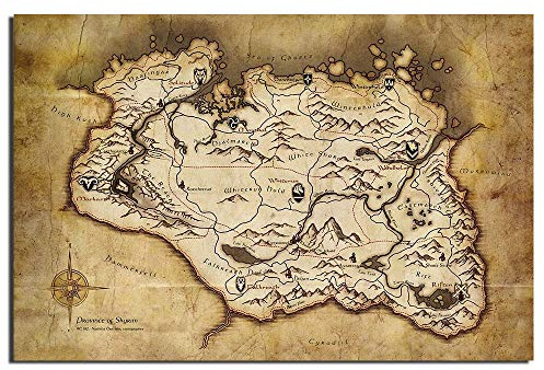 YIshiQI The Elder Scrolls V Skyrim Mapa Juego Cartel Lienzo Tela Tela Impresión Pintura para Decoración del hogar Arte de la Pared Imagen(Sin Marco)