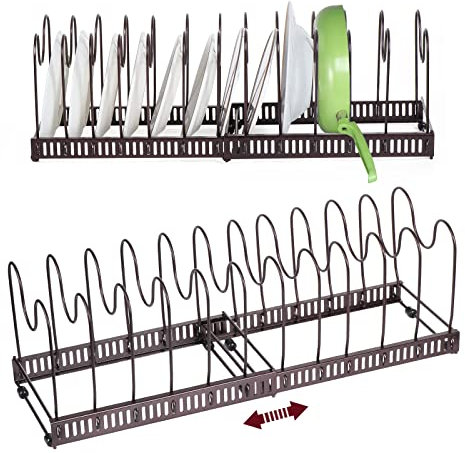 Kinsinder Pots and Pans Organiser, Pan Organiser for Cupboard, Expandable Pan Lid Holder with 12 Adjustable Dividers for Pot and Pans (Bronze)