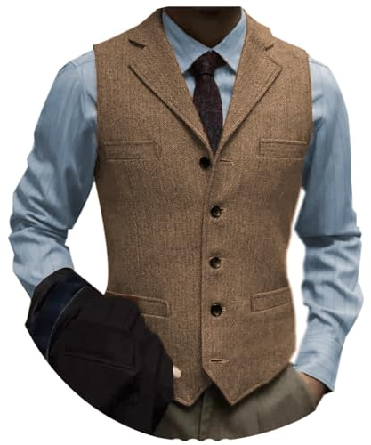 Tuikayoo Men's Tweed Suit Vintage Vest Herringbone Wool Prom Waistcoat Groomsmen(Medium, Brown)