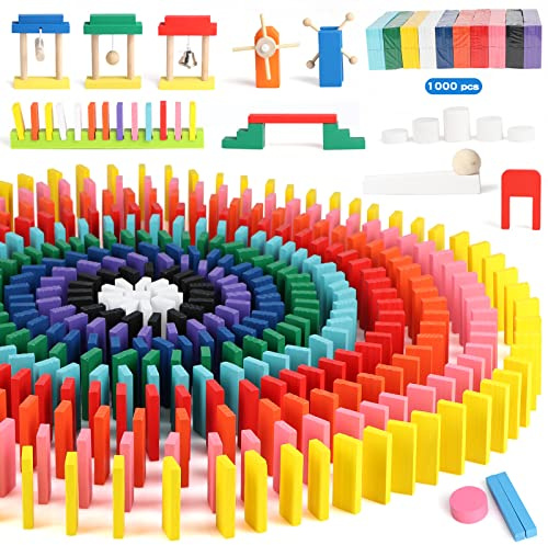 Jacootoys 1000 pezzi di domino per bambini, blocchi da costruzione in legno colorati, giochi di tessere da corsa, kit educativo di rally di domino con borsa e scatola di immagazzinaggio