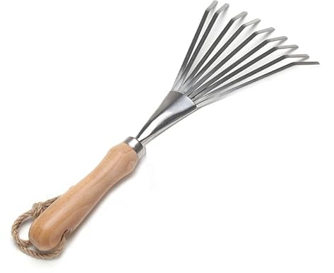 Gabasinover 9 Tines Fan Lawn Leaf Hand Rakes Stainless Steel Beech Handle Soil Tille Garden Shrub Rake Small Leaf Rakes for Sweep Leaves & Loose Debris in Garden Lawns Yards 14.5 inch