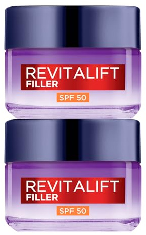 L'Oréal Paris Revitalift Filler Dagkräm Återuppbyggande Anti-rynkbehandling för Ansiktet SPF 50-skydd med Långvarig Hyaluronsyra - 2 Burkar á 50ml