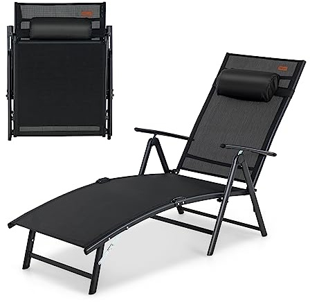 COSTWAY Lettino Prendisole Pieghevole, Sdraio da Giardino in Textilene con Schienale Regolabile a 7 Posizioni, Braccioli e Poggiatesta, Portata 150 kg, 142 x 61 x 103 cm (nero)