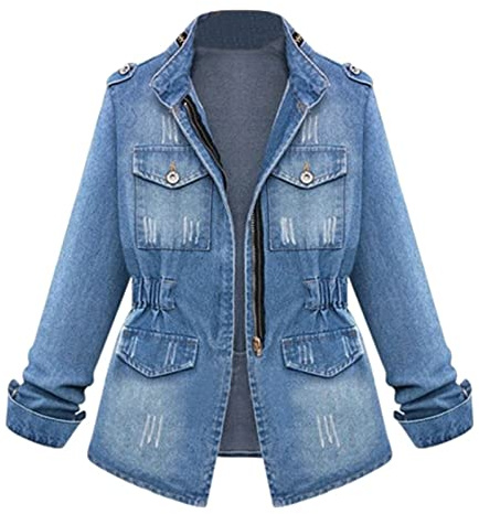 TURWXGSO Denim Jackets Women Casual Solid Color Tunic Coat Plus Size Standing Collar Long Sleeves Zipper Up Jean Jacket Trendy Elegant Versatile Loose Fit Lounge Coats