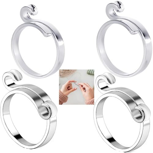Verstellbare Strickschlaufe,4 Stück Häkelring,Metall gewebte Ringe, Silberne Häkelschlaufenring,2 Stile,öFfnung Fingerhut Garnhalter Schlaufenring,für Handstricken und Basteln