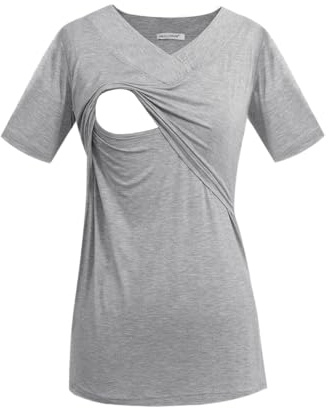 Smallshow Maglietta da allattamento da donna con scollo a V, maniche corte, per l'allattamento, Grigio chiaro, S