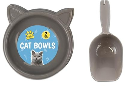 Cat Food Bowl With Pet Food Scoop Feeding Bowls For Cats And Kittens For Drinking Water Milk Plastic Multipurpose Cute Kitten Shaped Dish Pets Watering Supplies (1 Bowl And 1 Scoop Set) (Grey)