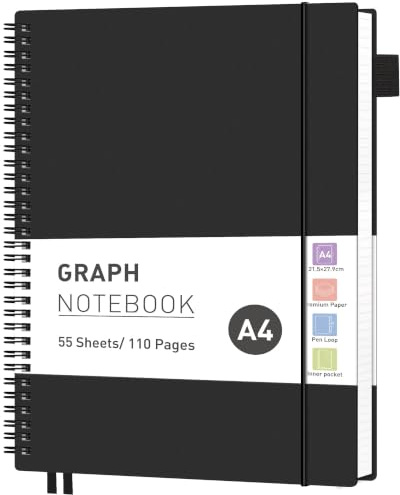 RETTACY A4 Spiral Notebook, Graph Journal, Notepad, 110 Pages, Black | Flexible Plastic Cover Note Book, 5mm per Square, 100 GSM Grid Paper, for School, Students, Math, Engineering - 21.5 × 28 cm