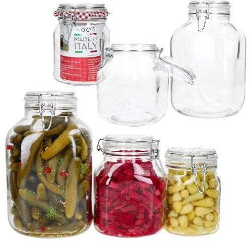 MamboCat Prima Lot de 6 bocaux de conservation hermétiques carrés I 2 x 1 l, 2 l et 4,25 l I Bocaux en verre avec fermeture à étrier métallique pour la conservation, la fermentation et le stockage
