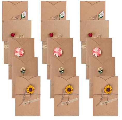 15 tarjetas de felicitación de flores secas, sobres retro, sobres decorativos de flores secas, sobres de papel kraft, adecuados para Navidad, cumpleaños, Día de la Madre