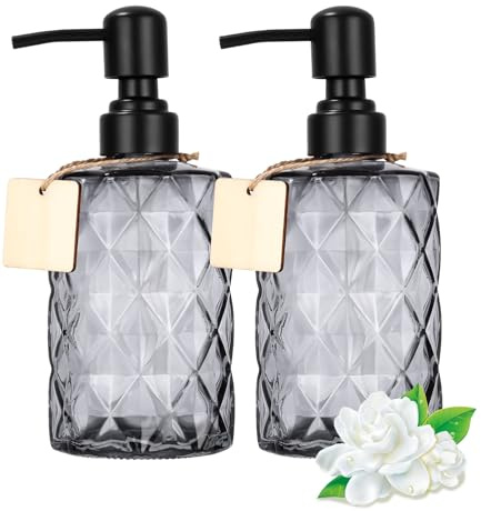 Goxiry Dispensador de jabón de cristal negro y gris, 2 unidades, dispensador de detergente con 2 etiquetas de madera y cabezal de bomba de acero inoxidable de 350 ml, dispensador de jabón para baño,
