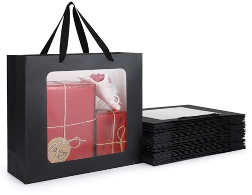 EUSOAR Negro Bolsa Papel con Ventana - 20 Unidades Negras Bolsas Regalos con Asa - Grandes 210GSM Papel Kraft Gift Bags - L 32x11.5x28cm Bolsitas Regalo de Embalaje Cumpleaños