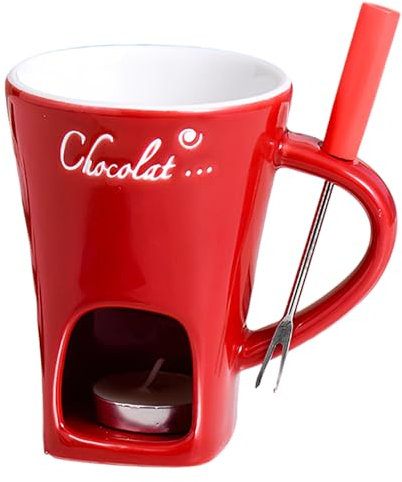 Vtizikl Fondue Mug with Forks, Chocolate Fondue Mug, Personal Cheese Melting Cup, Cheese Fondue Sets, Mug Gift, Sweet Fondue Cup for Candy Snack Caramel Party, Office School Home (Red)