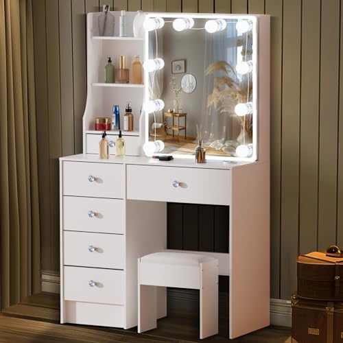 Dradaomull Sminkbord med justerbar LED-belysning, toalettbord med spegel, för modernt sovrum, vitt, 131 x 80 x 36 cm (39)