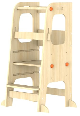 SUPEASY Torre di apprendimento Montessori in legno - Sgabello da cucina regolabile in altezza (3 livelli) con piedini antiscivolo e barra di sicurezza - Per bambini da 1,5 a 5 anni, legno naturale