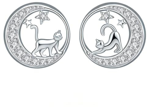 BerriBling Pendientes Gato Mujer Plata de Ley 925 - Pendientes Luna con 3A Circonia Cúbica Regalos Joyas Originales Para Mujer/Niñas/Niño