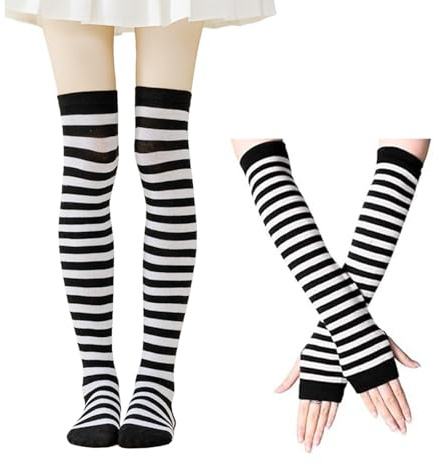 GWAWG Calze al ginocchio da donna, con guanti lunghi senza dita, stile casual, a righe, collant a righe nere e bianche per Natale, Halloween, carnevale, feste a tema