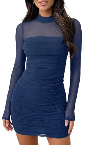 Sukiglam Kleid Damen Elegant Minikleid Enges Langärm Stehkragen Kleider Kurzes Sexy Partykleid Transparenter Mesh Kleid Figurbetont Bleistiftkleid Abendkleid Cocktailkleid Mode Herbstkleid