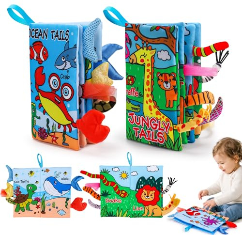 Lypsochaat 2 Pcs Baby Books 0-6 Months Baby Toys Sensory Books for Babies, Baby Essentials for Newborn Infants Tummy Time Toys, Newborn Gifts for 0 3 6 12 Months Baby Boys Girls(Marine&Jungly)