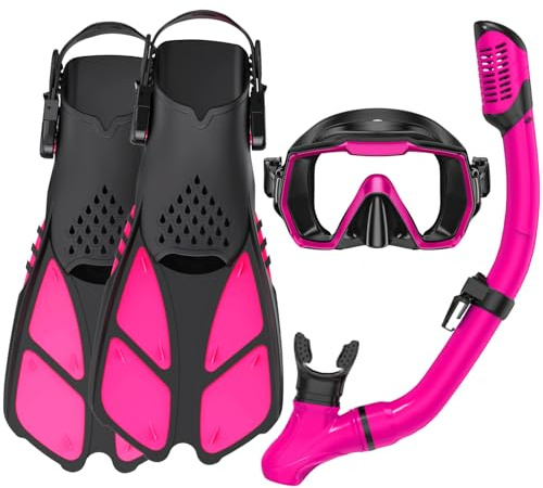 Adults Mask Snorkel Fins Set, Snorkeling Gear for Adult with Fins, Snorkel Sets with Flippers, Adult Anti Leak Scuba Gear with Adjustable Fins Diving Mask Full Dry Top Snorkel with Travel Bags