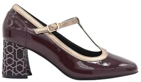 Azarey Zapato Mary Jane Burdeos con Ribete Dorado y Tacón Retro - (Talla 39)