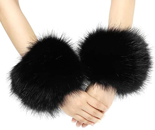 Cosysparks Fluffiga handledsmanschetter, vinter fuskpäls handledsvärmare svart fuskpäls handledsmanschetter mjuk fuskpäls manschetter päls ärm manschetter vinter armband för kvinnor flickor (1 par),