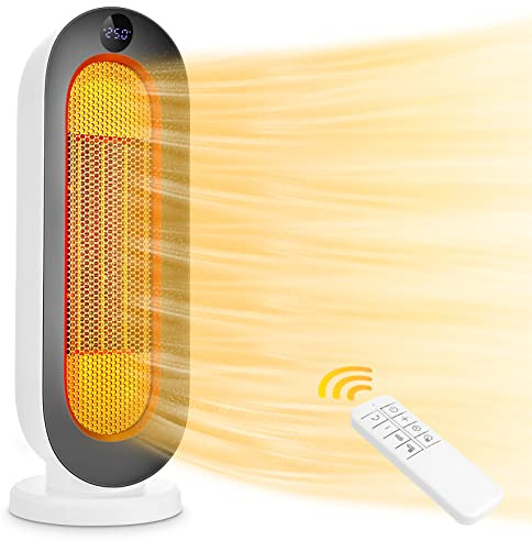Värmefläkt, keramisk värmefläkt, 2 000 W 3 lägen termostat värmefläkt, 12 timmars timer, tippskydd, 100° oscillations-rumsvärmare för hem och kontor, vit liten skärm