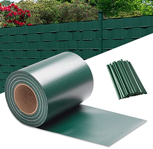 Yakimz - Strisce paravista in PVC per recinzioni a doppia asta, pellicola oscurante in PVC per giardino, 50m, con 40 clip, resistente alle intemperie, opaca, pellicola per recinto, 450 g/m², verde