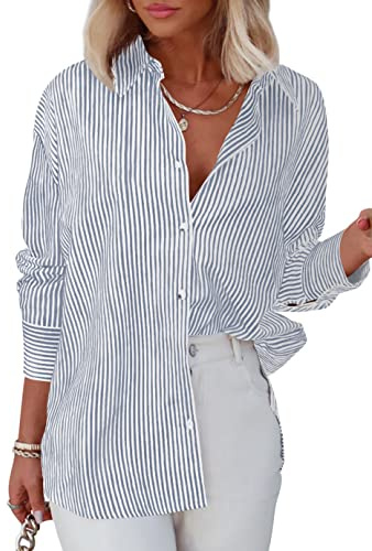 Homlan blus damer långärmad ränder business casual topp V-ringad arbete skjorta lös knapplist skjorta blus, GRÅ, S