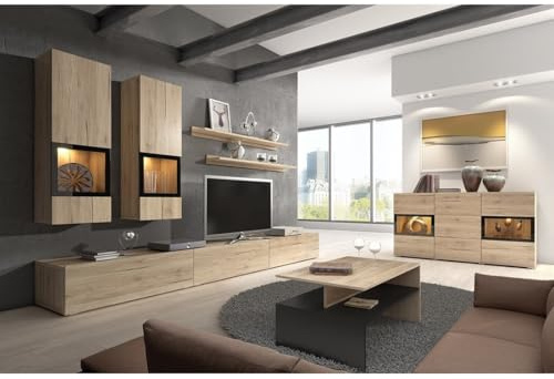 Meublorama Conjunto Completo de salón Ramos - Roble - 7 Muebles con LED Multicolor Integrado