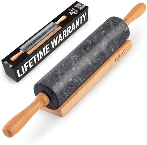 Zulay Kitchen 17-Inch Marble Rolling Pin With Stand - Polished Marble Rolling Pins For Baking - Long Rolling Pin Marble With Beechwood Handle - Non-stick Roller Pin For Baking Pastries, Bread & Pizza